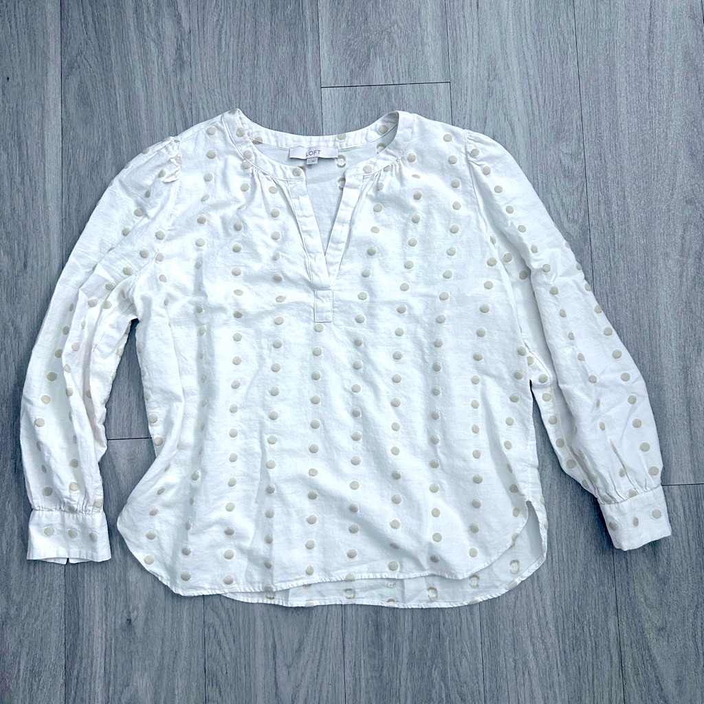 Ann Taylor Loft Embroidered Ivory Polkadot Blouse L